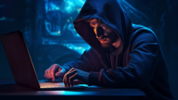 Ein Hacker der in eine dunklen Raum vor einem Laptop sitzt.